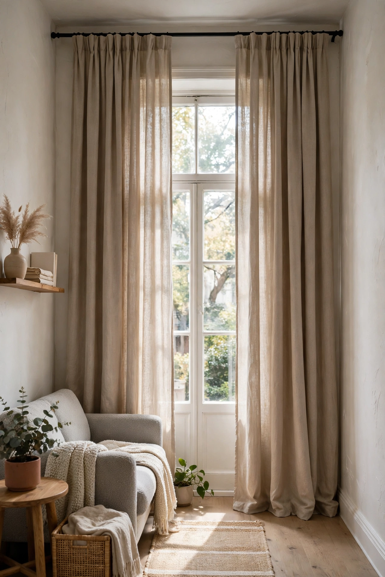Floor-length rental-friendly curtains making tiny living room windows look taller