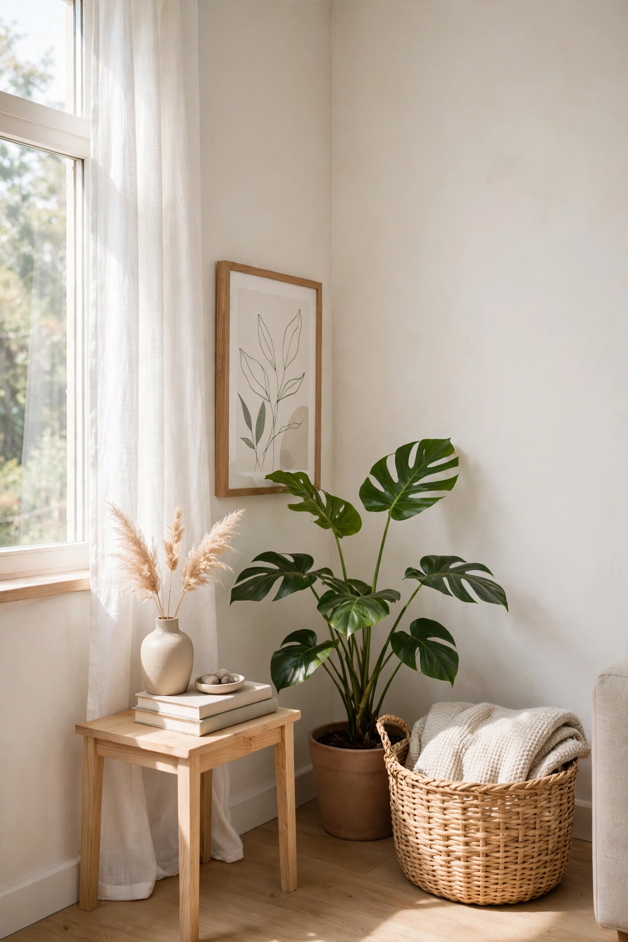 One intentional decor corner with a plant and framed print in a tiny living room