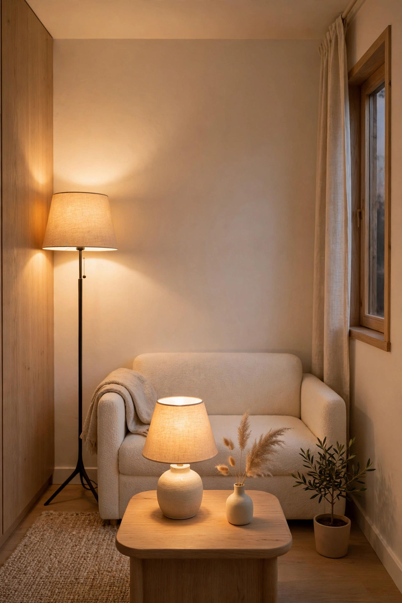 Layered warm lighting brightening a tiny living room instead of extra decorations