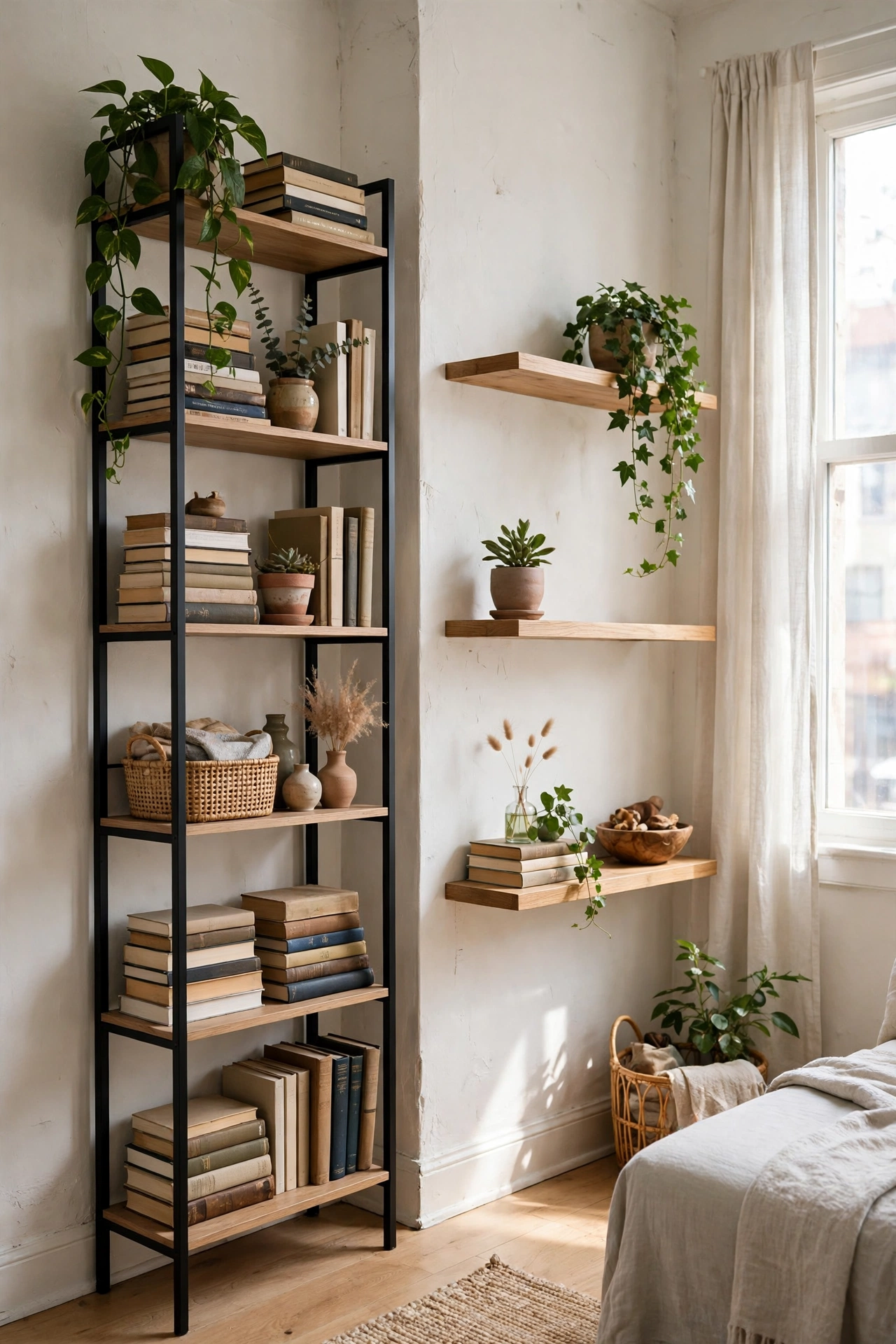 Vertical shelving using wall height in a tiny living room without damaging rental walls